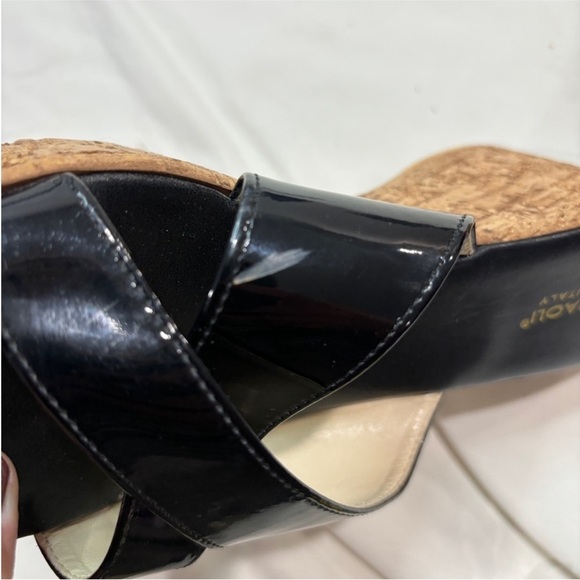 Mila Paoli black patent leather cork wedge sandals Made in Italy casual size 8 - Picture 10 of 11